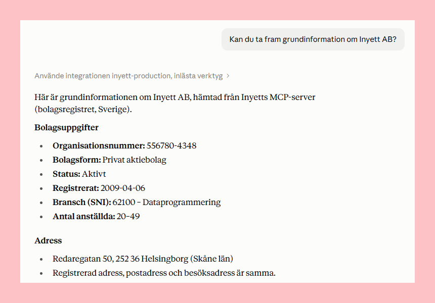 AI-assistenten Claude visar grunduppgifter om Inyett AB, hämtade via Inyett MCP